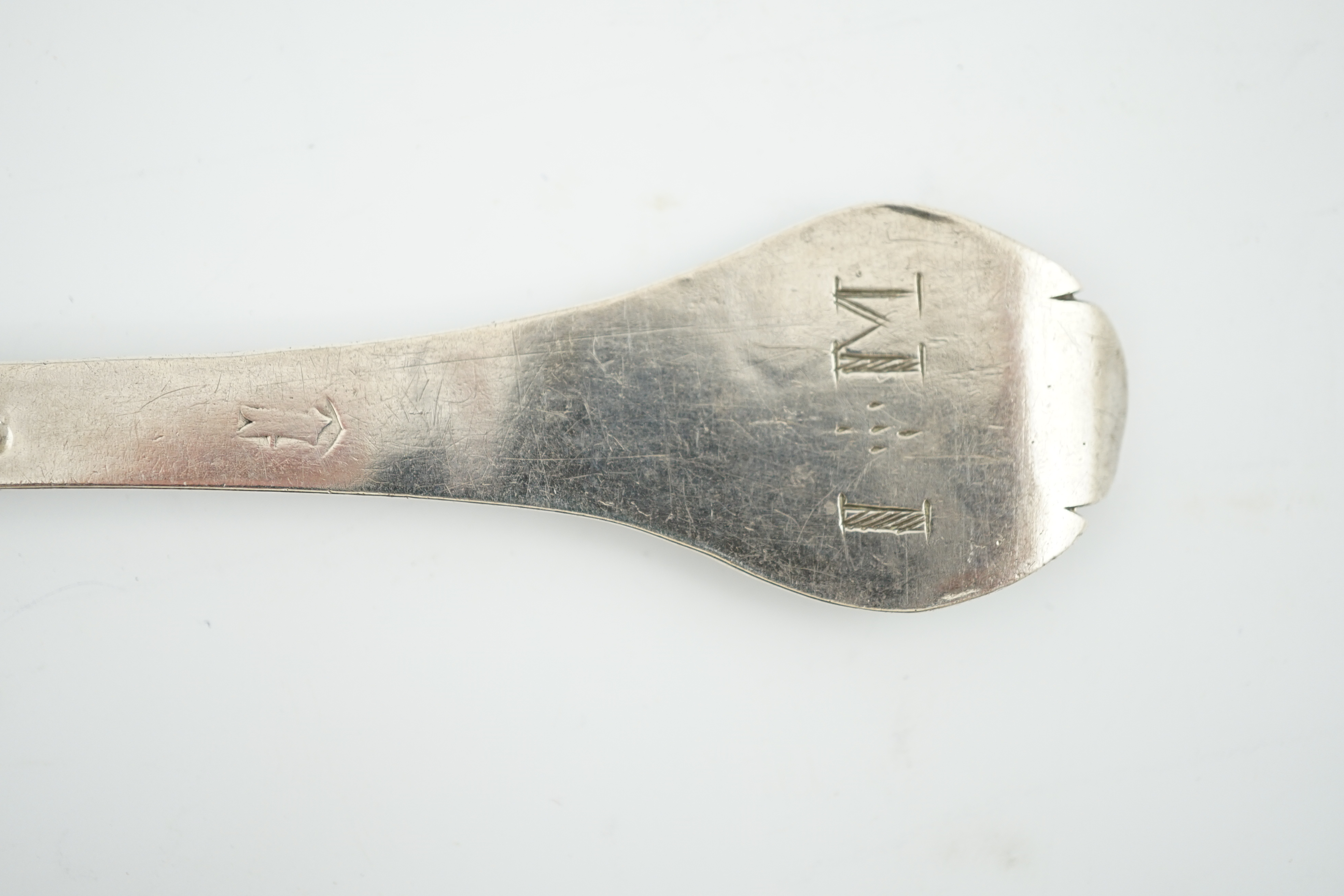 A James II silver trefid spoon, maker ?H beneath a crown